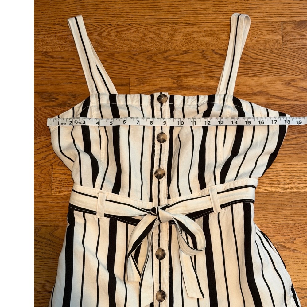 LOFT Striped Linen Blend Wide Leg Jumpsuit Black White Button Front Size 8 - Picture 4 of 10